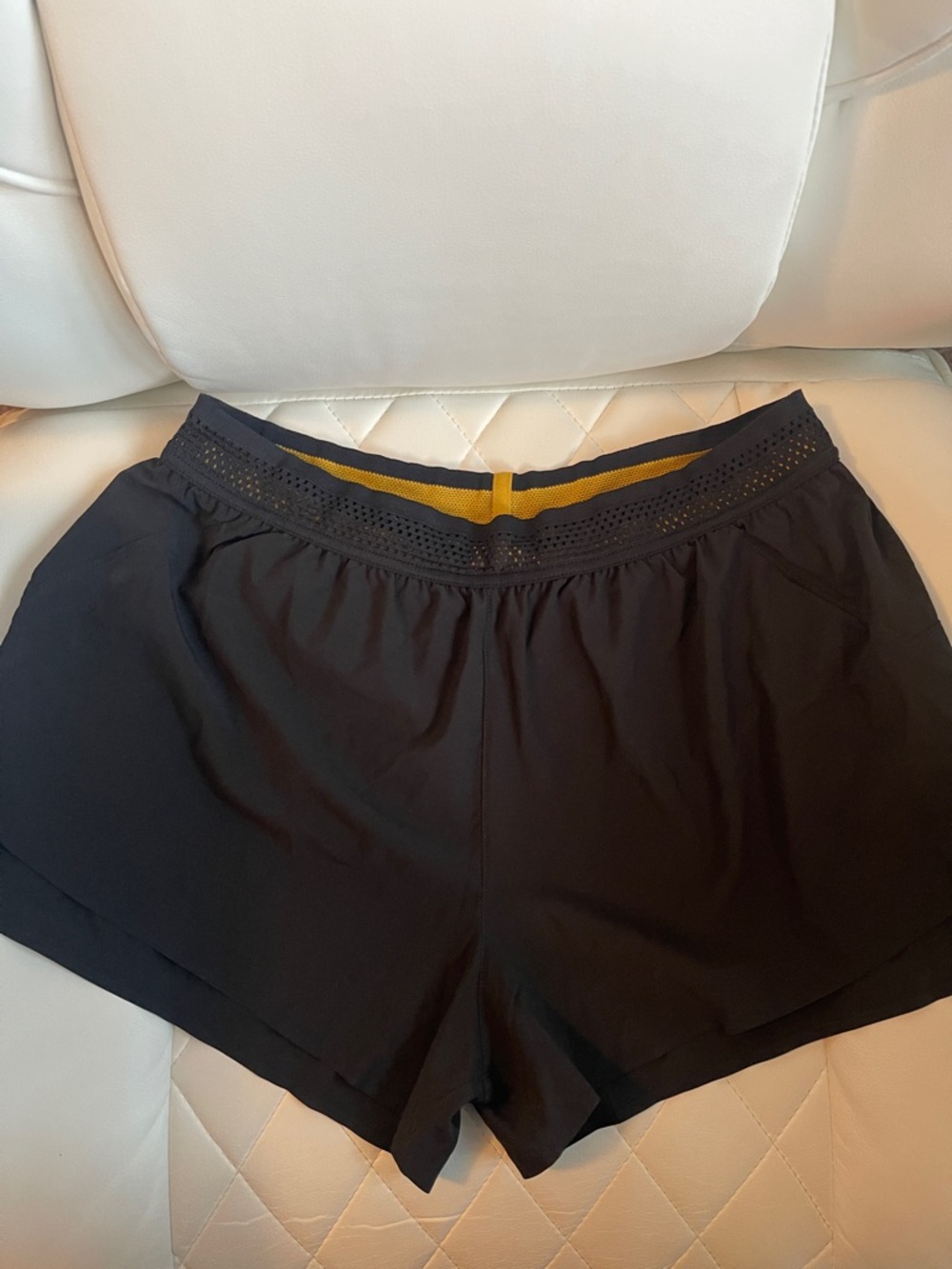 Janji Black Running Shorts with Yellow Waistband Stripe